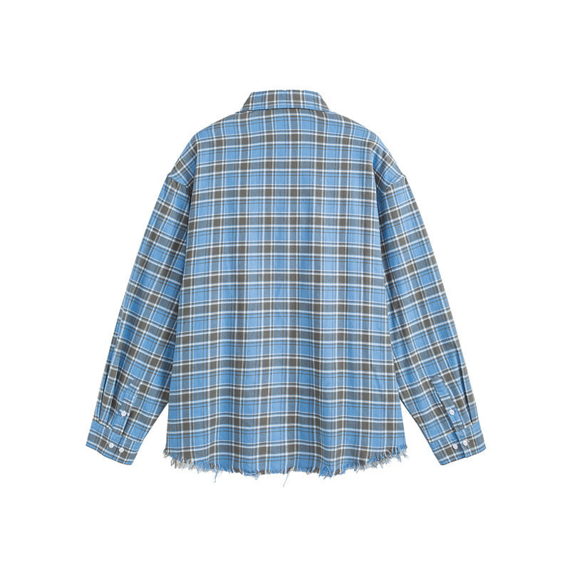 Oversized Checkered Shirt with Raw Hem Long Sleeves