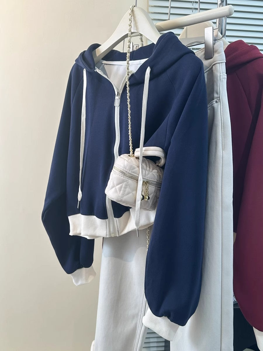 Casual Color-Blocked Long Sleeve Hoodie for Women - Short Style Loose Fit Lightweight Sweatshirt