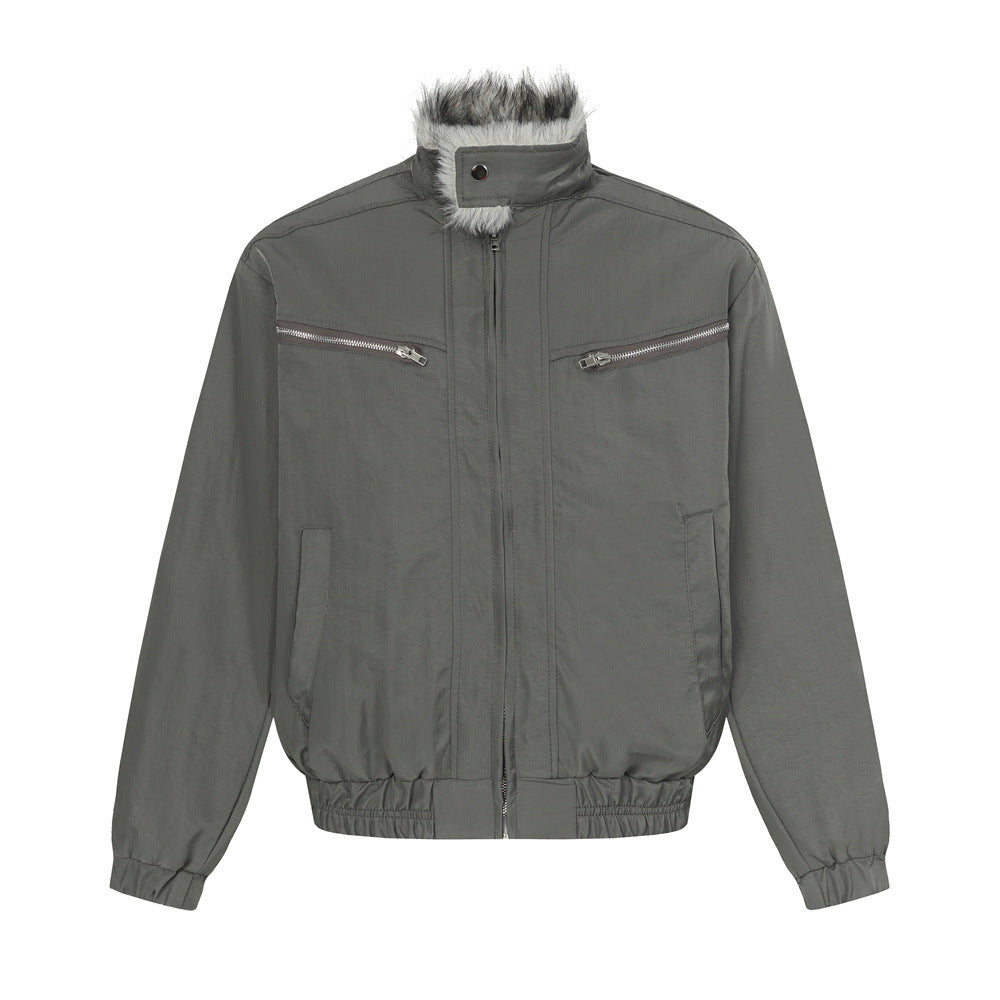 Street Style Men's Cotton Coat with Stand Collar, Patchwork Workwear Design, Trendy Brand, Loose Fit, Versatile Outerwear Top
