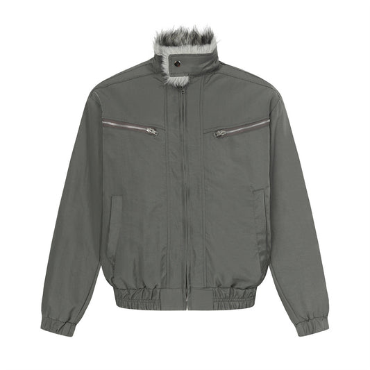 Street Style Men's Cotton Coat with Stand Collar, Patchwork Workwear Design, Trendy Brand, Loose Fit, Versatile Outerwear Top