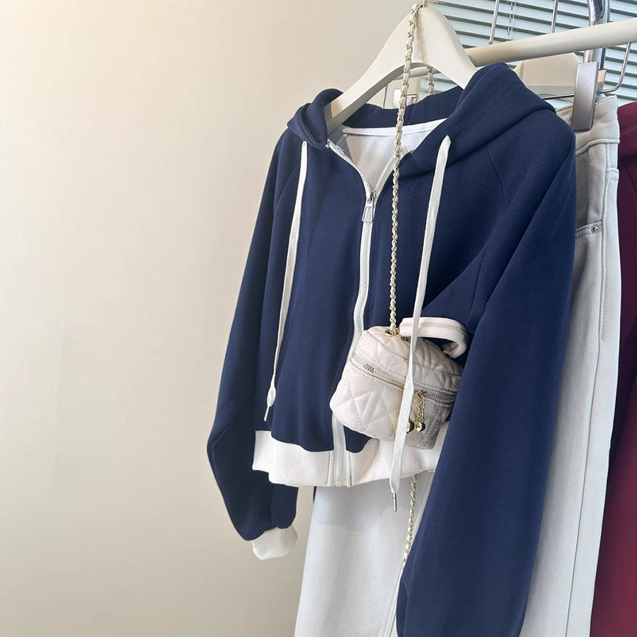 Casual Color-Blocked Long Sleeve Hoodie for Women - Short Style Loose Fit Lightweight Sweatshirt