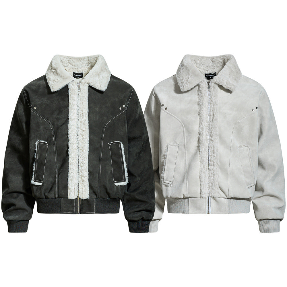 Street Style Men's Cotton Coat with Turn-Down Collar,  Leather Panels, Casual Loose Fit, Versatile Outerwear Jacket