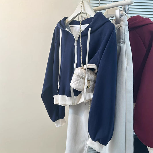 Casual Color-Blocked Long Sleeve Hoodie for Women - Short Style Loose Fit Lightweight Sweatshirt