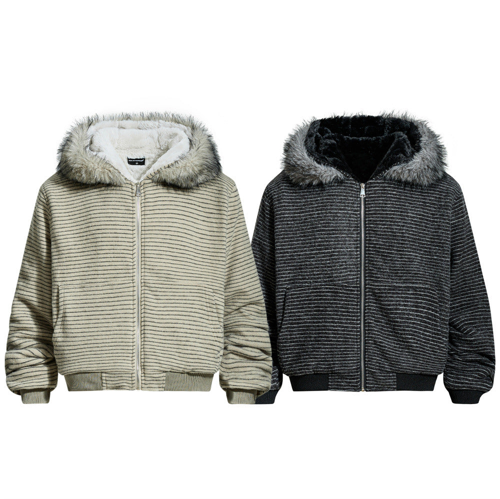 Retro Men's Cotton Coat with Detachable Hooded Fur Collar - Loose Fit  Outerwear Jacket