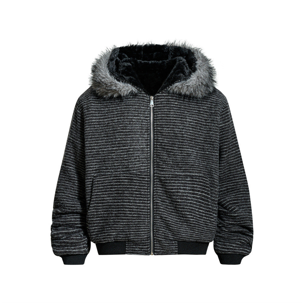 Retro Men's Cotton Coat with Detachable Hooded Fur Collar - Loose Fit  Outerwear Jacket