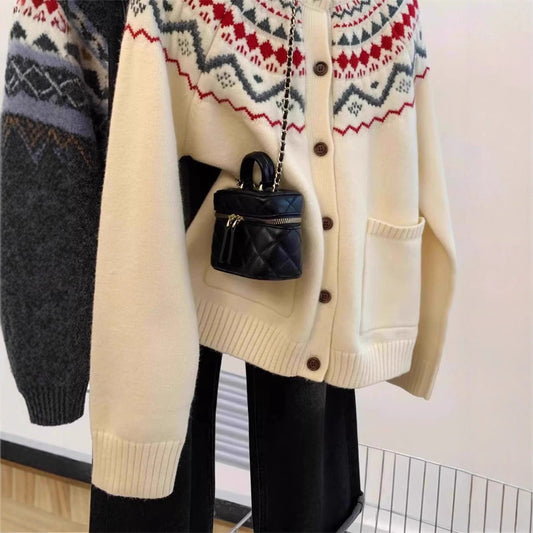 Fair Isle Knit Cardigan for Women - Soft, Loose Bohemian Style Round Neck Fashionable Sweater Top
