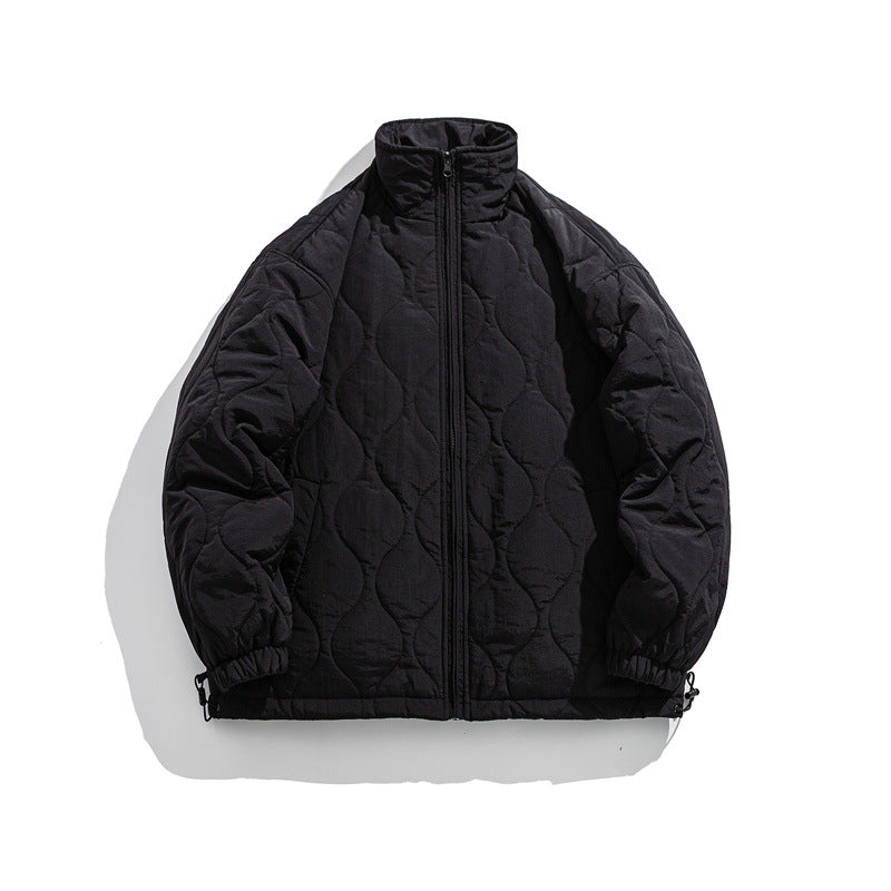 Simple Solid Color Stand Collar Diamond Pattern Fleece-Lined Cotton Coat for Men
