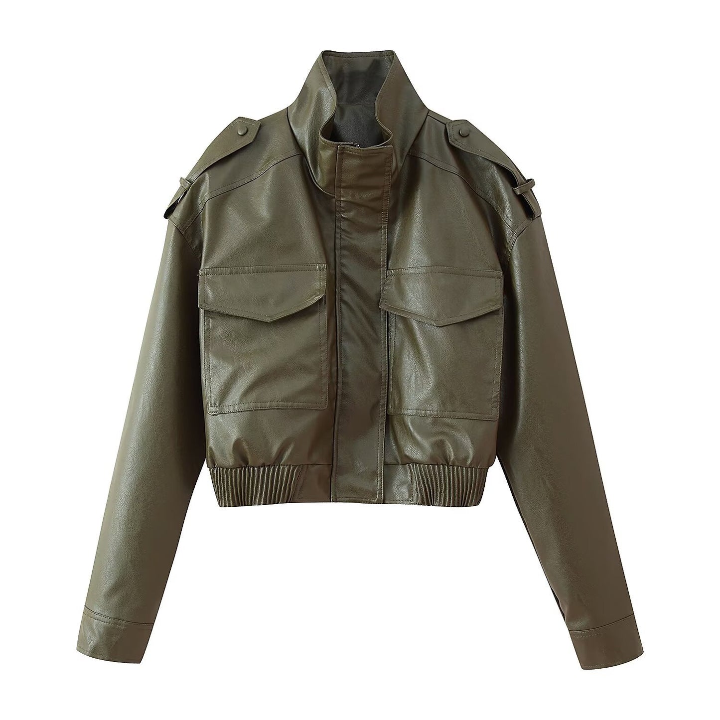 Women's Zip-Up Stand Collar Long Sleeve Faux Leather Short Jacket