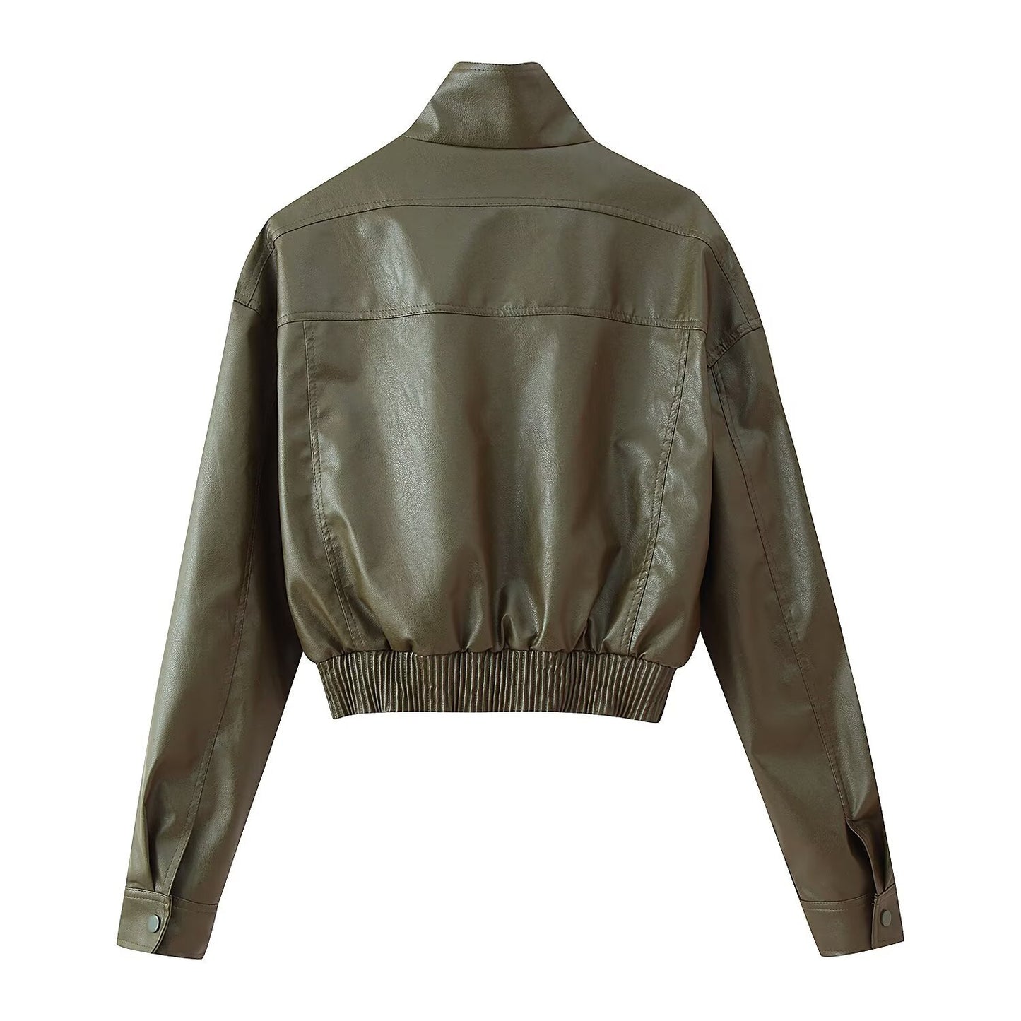 Women's Zip-Up Stand Collar Long Sleeve Faux Leather Short Jacket