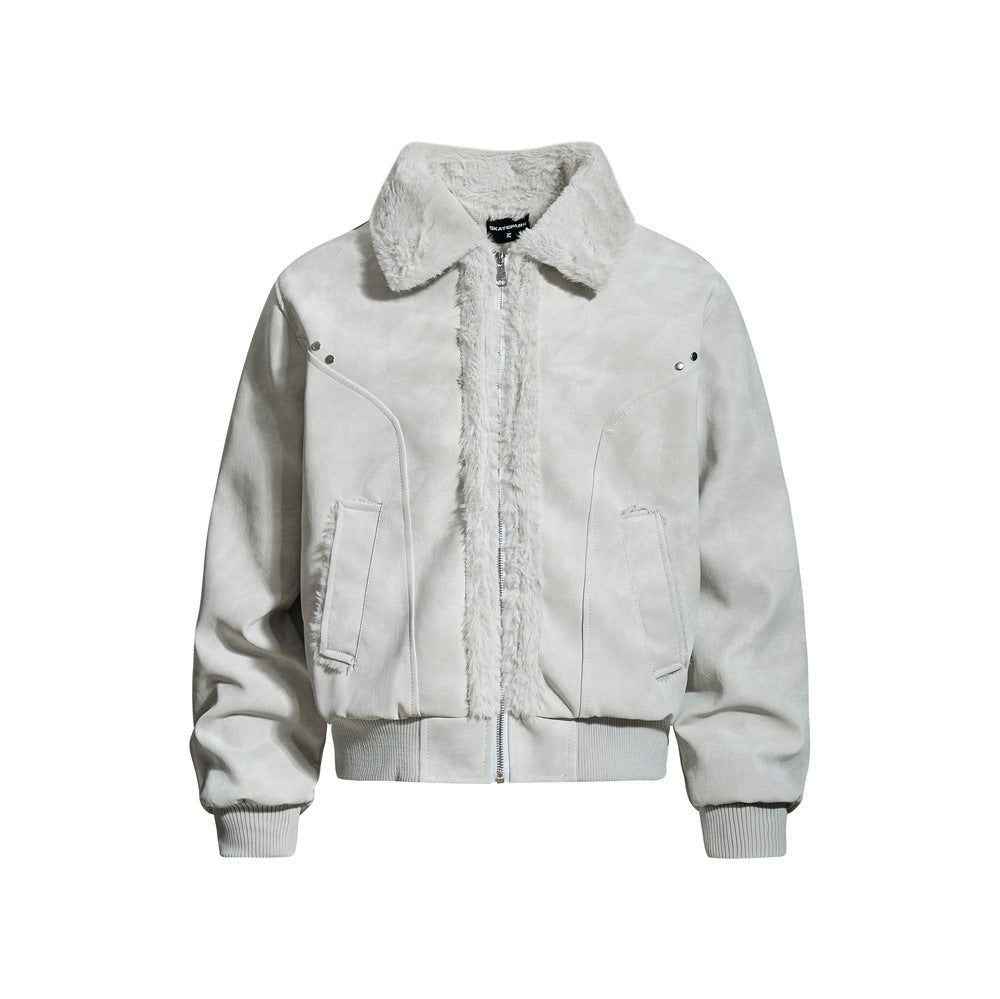 Street Style Men's Cotton Coat with Turn-Down Collar,  Leather Panels, Casual Loose Fit, Versatile Outerwear Jacket