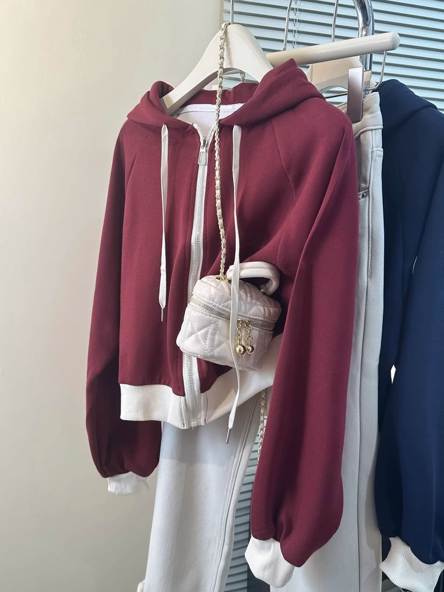 Casual Color-Blocked Long Sleeve Hoodie for Women - Short Style Loose Fit Lightweight Sweatshirt