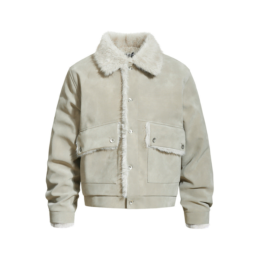 Street Style Men's Cotton Coat with Turn-Down Collar, Large Pockets, Casual Loose Fit, Trendy Outerwear Jacket