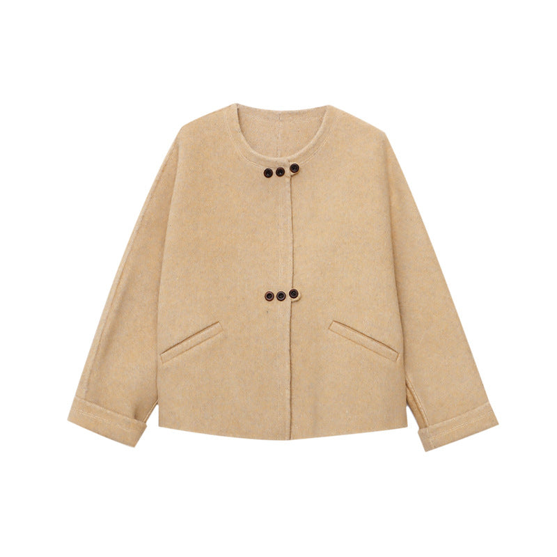 Elegant and Refined Three-Button Round Neck Reversible Wool Cashmere Coat