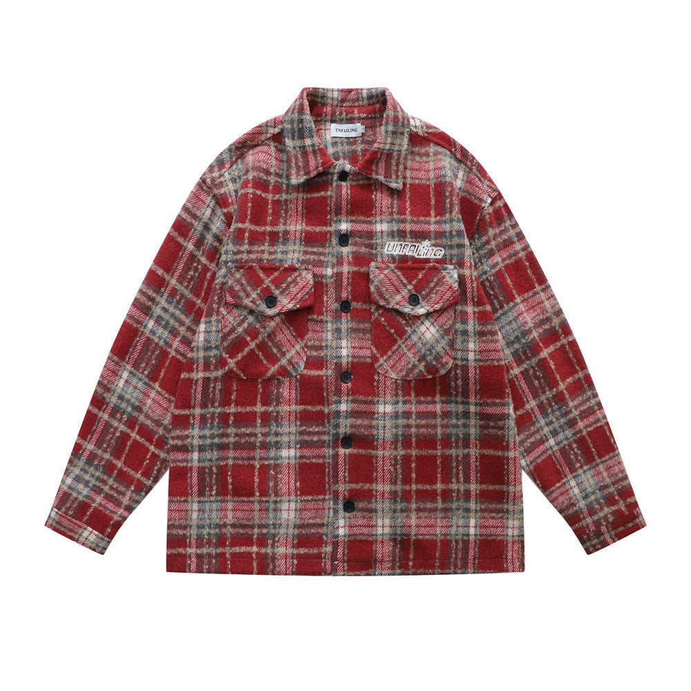 Vintage Men's Jacket with Turn-Down Collar, Plaid Pattern, Long Sleeves, Loose Fit -  and Versatile Outerwear
