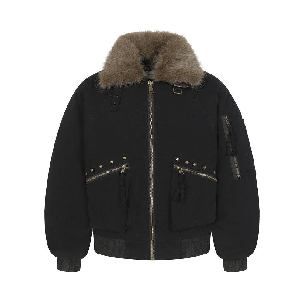 Street Style Men's Cotton Coat with Detachable Fur Collar, Patchwork Design,  Brand, Loose Fit, New Outerwear Top