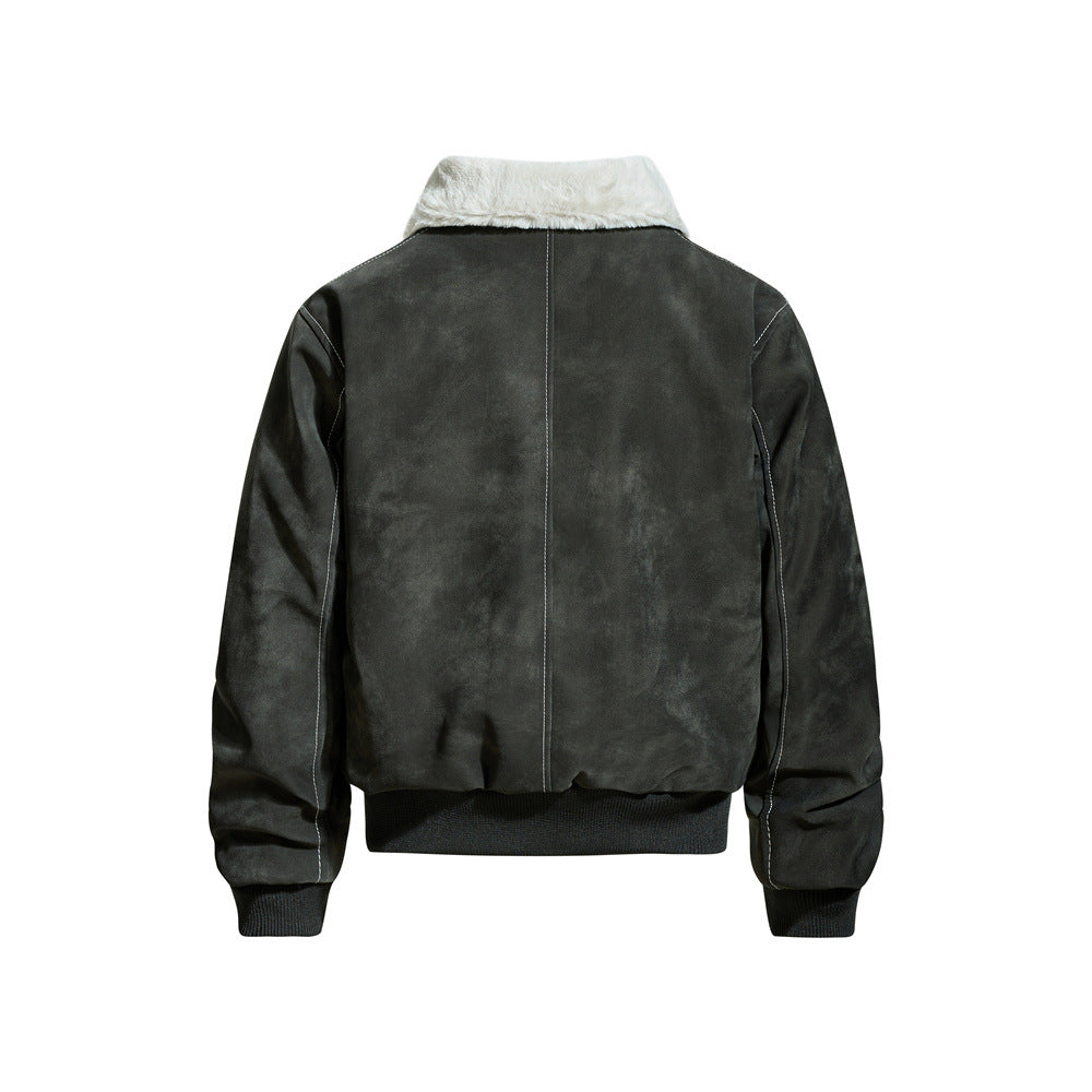 Street Style Men's Cotton Coat with Turn-Down Collar,  Leather Panels, Casual Loose Fit, Versatile Outerwear Jacket