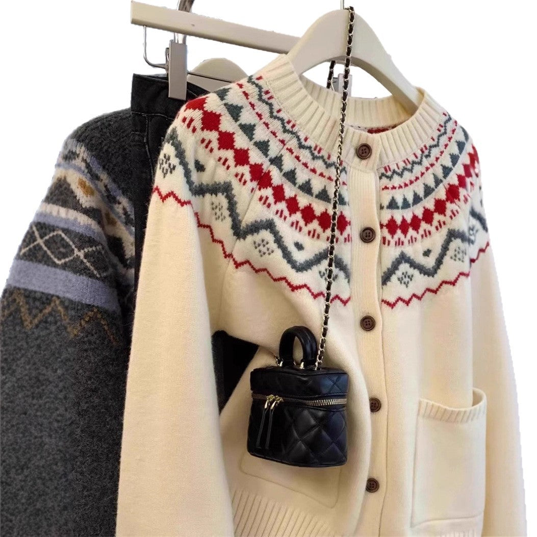 Fair Isle Knit Cardigan for Women - Soft, Loose Bohemian Style Round Neck Fashionable Sweater Top
