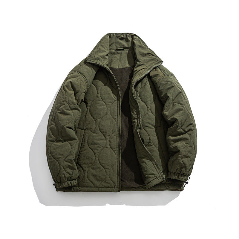 Simple Solid Color Stand Collar Diamond Pattern Fleece-Lined Cotton Coat for Men