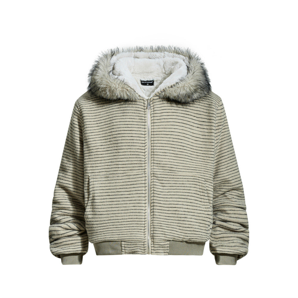Retro Men's Cotton Coat with Detachable Hooded Fur Collar - Loose Fit Trendy Outerwear Jacket