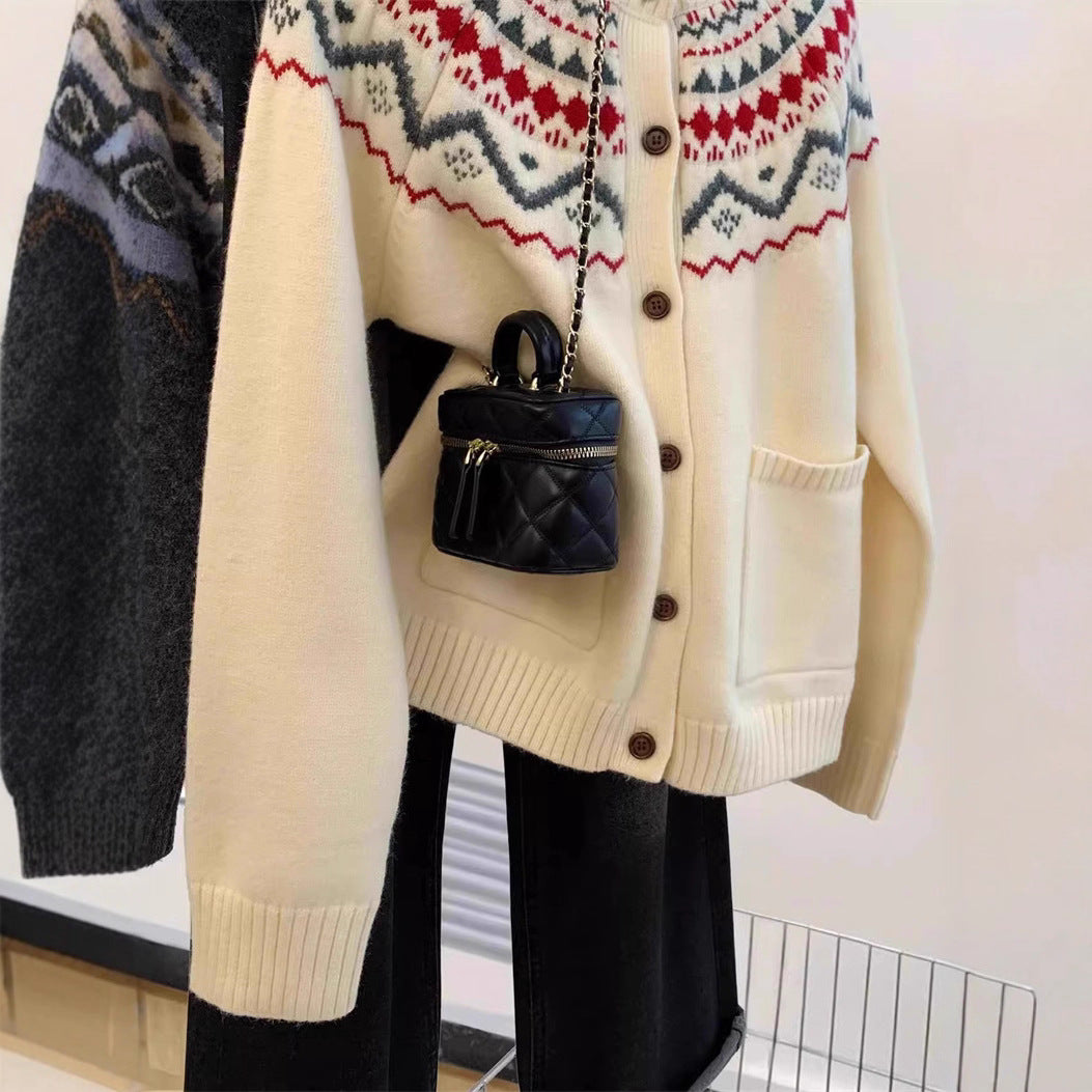 Fair Isle Knit Cardigan for Women - Soft, Loose Bohemian Style Round Neck Fashionable Sweater Top