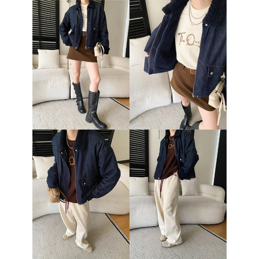 Retro Faux Lamb Wool Turn-Down Collar Loose Lined Thick Denim Jacket