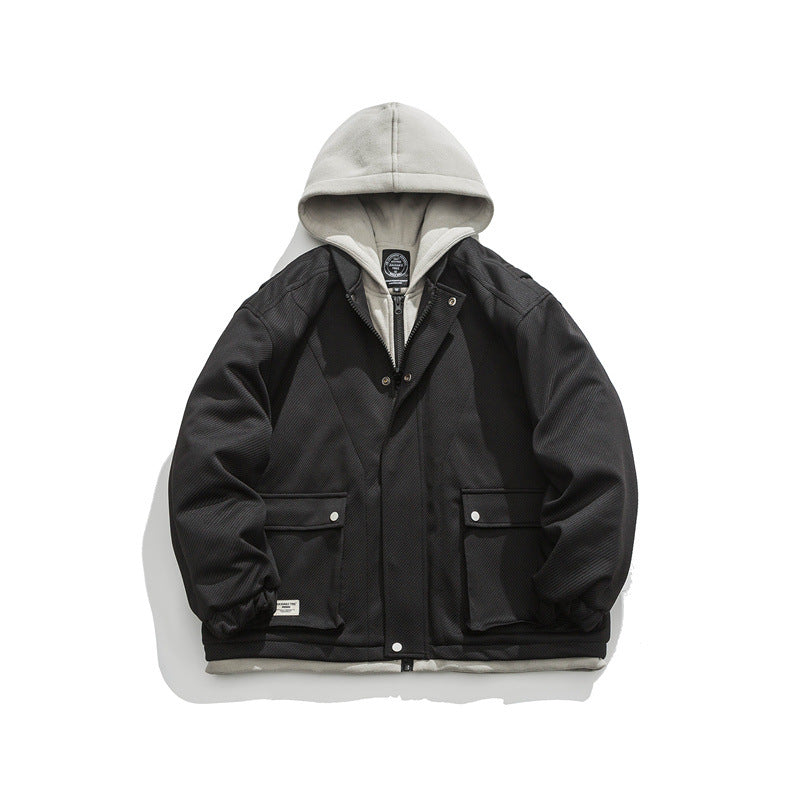 Warm and Versatile Faux Two-Piece Hooded Cotton Jacket