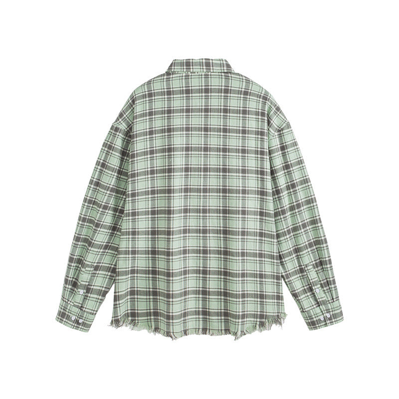 Oversized Checkered Shirt with Raw Hem Long Sleeves