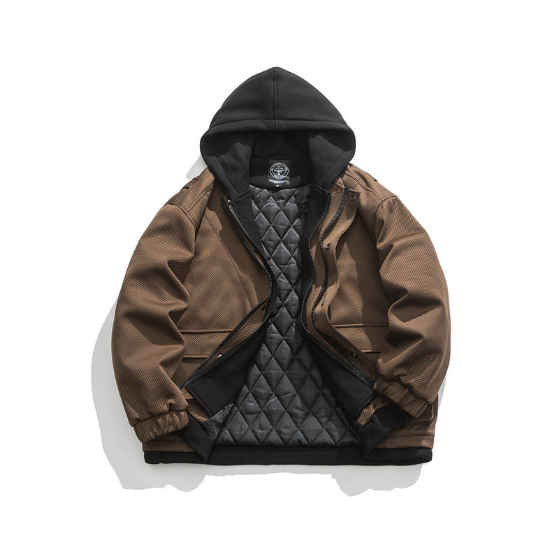 Warm and Versatile Faux Two-Piece Hooded Cotton Jacket