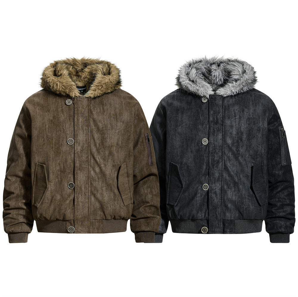 Retro Men's Cotton Coat with Hood, Multi-Pocket Casual Loose Fit Outerwear