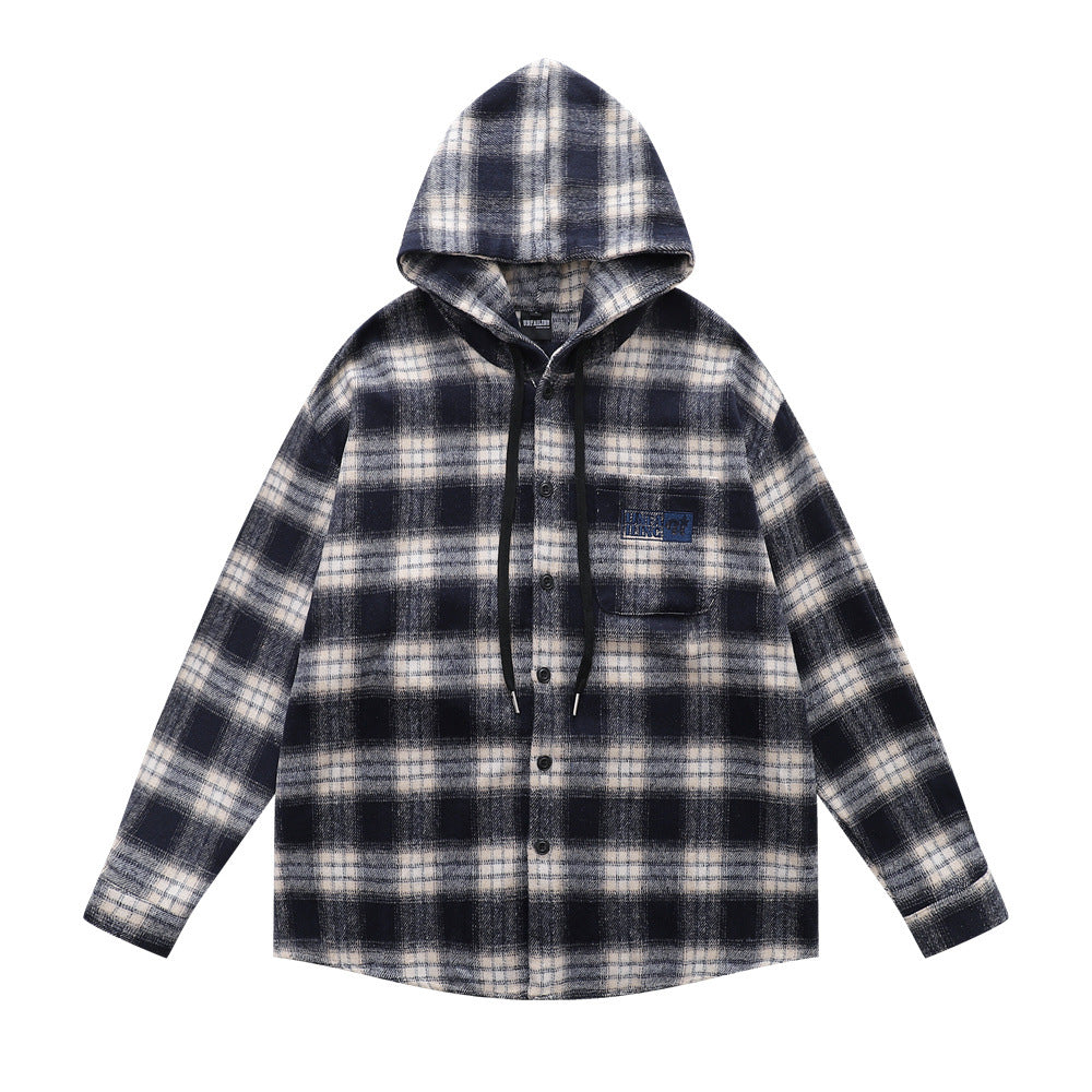 Retro Men's Hooded Drawstring Plaid Long Sleeve Casual Loose-Fit Shirt Jacket