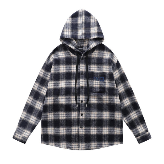 Retro Men's Hooded Drawstring Plaid Long Sleeve Casual Loose-Fit Shirt Jacket