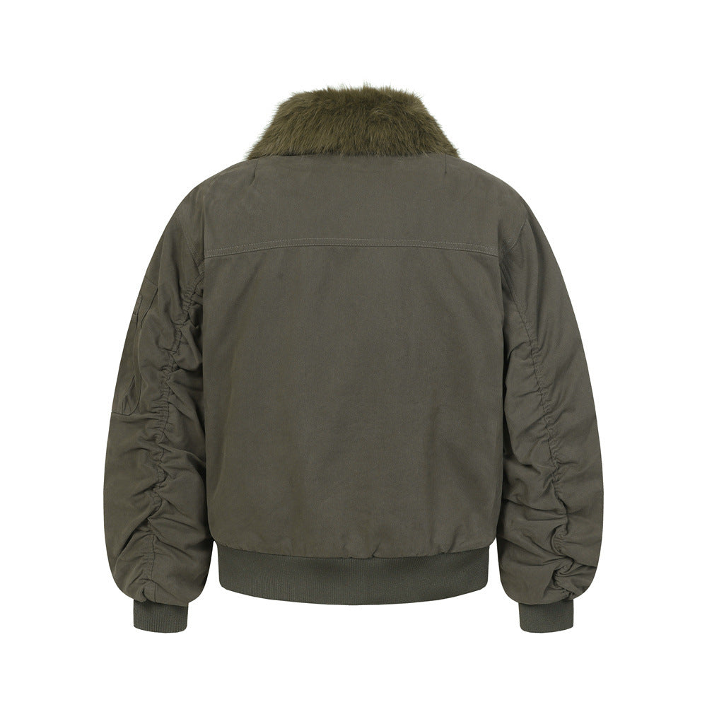Street Style Men's Cotton Coat with Detachable Fur Collar, Patchwork Design,  Brand, Loose Fit, New Outerwear Top