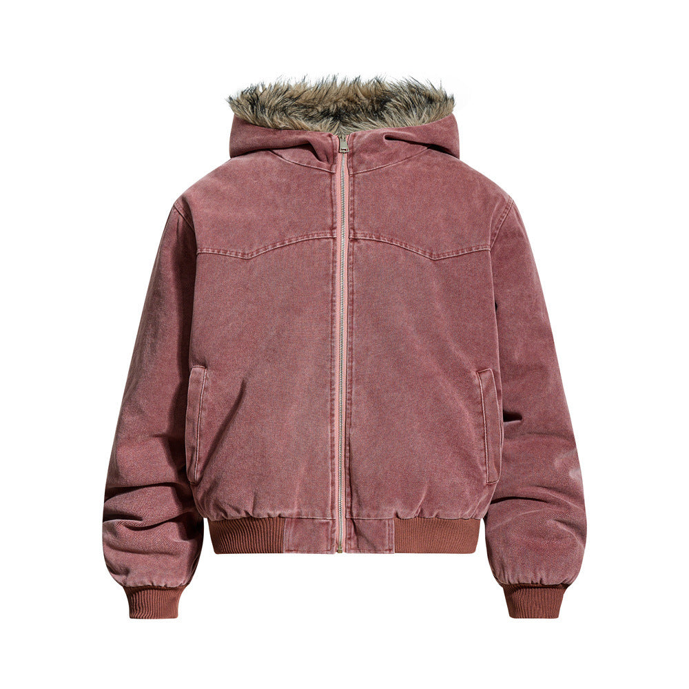Street Style Men's Cotton Coat with Hood and Fur Collar, Patchwork Design, Loose Fit, Casual Fashion Outerwear Jacket