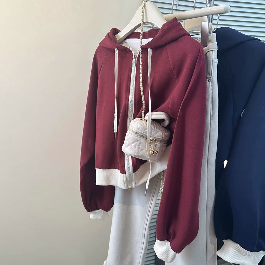 Casual Color-Blocked Long Sleeve Hoodie for Women - Short Style Loose Fit Lightweight Sweatshirt
