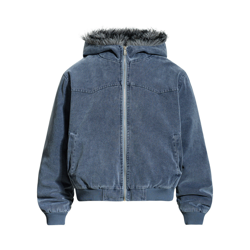 Street Style Men's Cotton Coat with Hood and Fur Collar, Patchwork Design, Loose Fit, Casual Fashion Outerwear Jacket