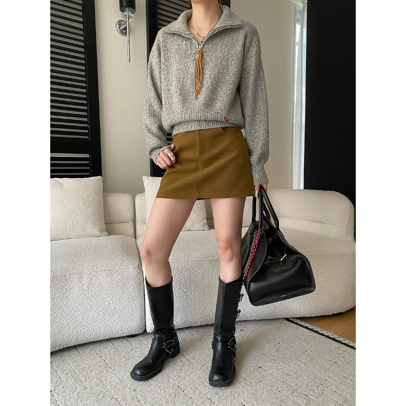 Southern Compass Long-Leg Style Thick Wool Blend High-Waisted Slimming Charming Skirt with Belt