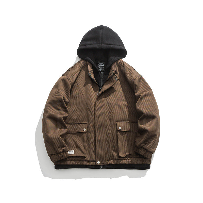 Warm and Versatile Faux Two-Piece Hooded Cotton Jacket