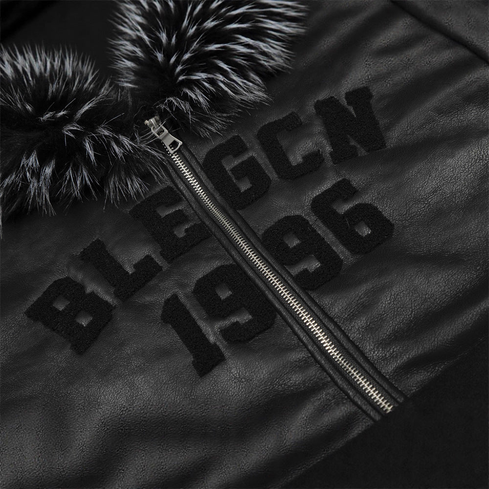 Street Style Men's Cotton Coat with Hood, Fur Collar, Letter Embroidery, Casual Loose Fit Jacket