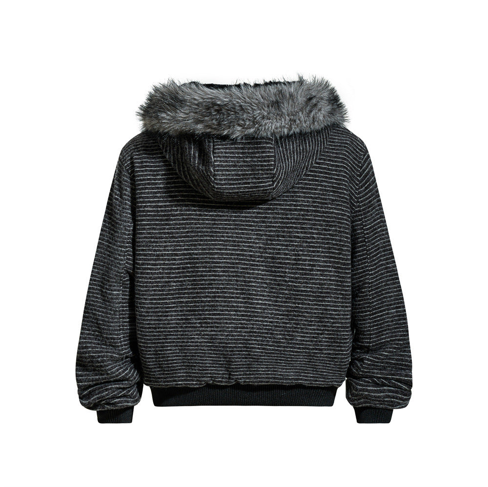 Retro Men's Cotton Coat with Detachable Hooded Fur Collar - Loose Fit  Outerwear Jacket