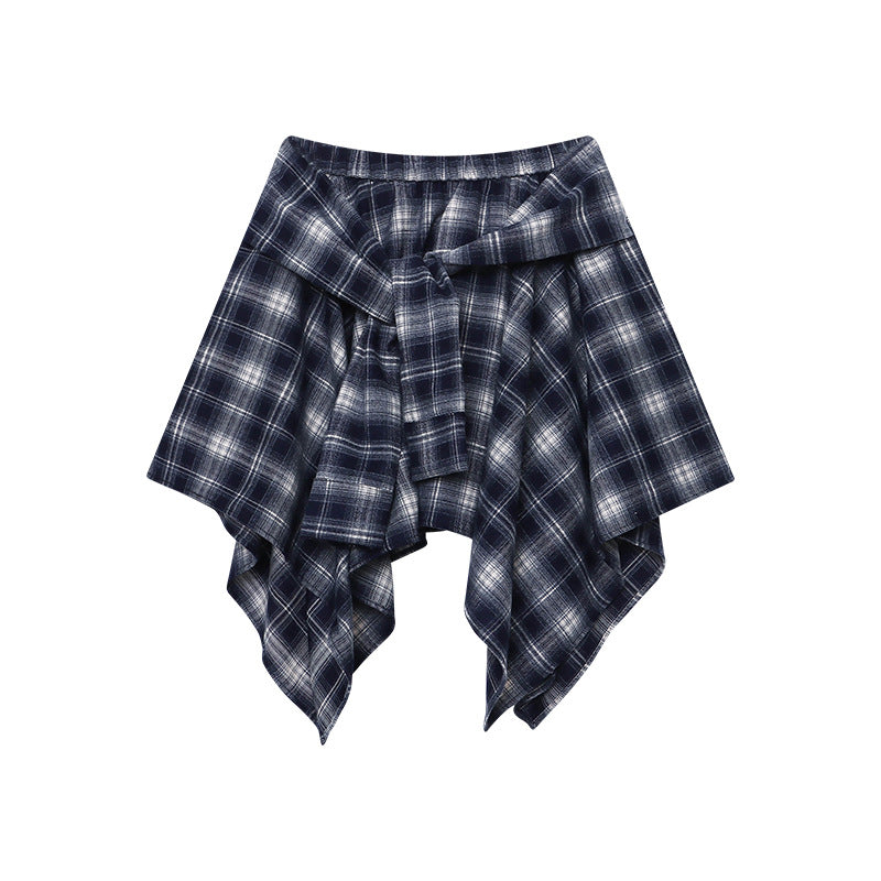 Fashionable American Retro Irregular Hem High-Waisted Plaid Mini Skirt