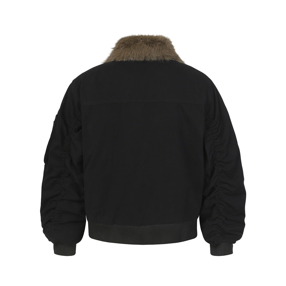 Street Style Men's Cotton Coat with Detachable Fur Collar, Patchwork Design,  Brand, Loose Fit, New Outerwear Top