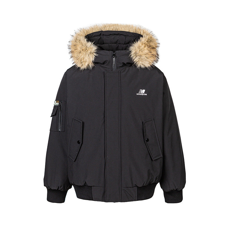 Embroidered Chest Design Long Sleeve Large Fur Collar Oversized Fit Parka