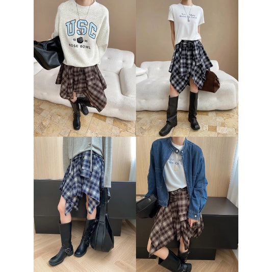 Fashionable American Retro Irregular Hem High-Waisted Plaid Mini Skirt
