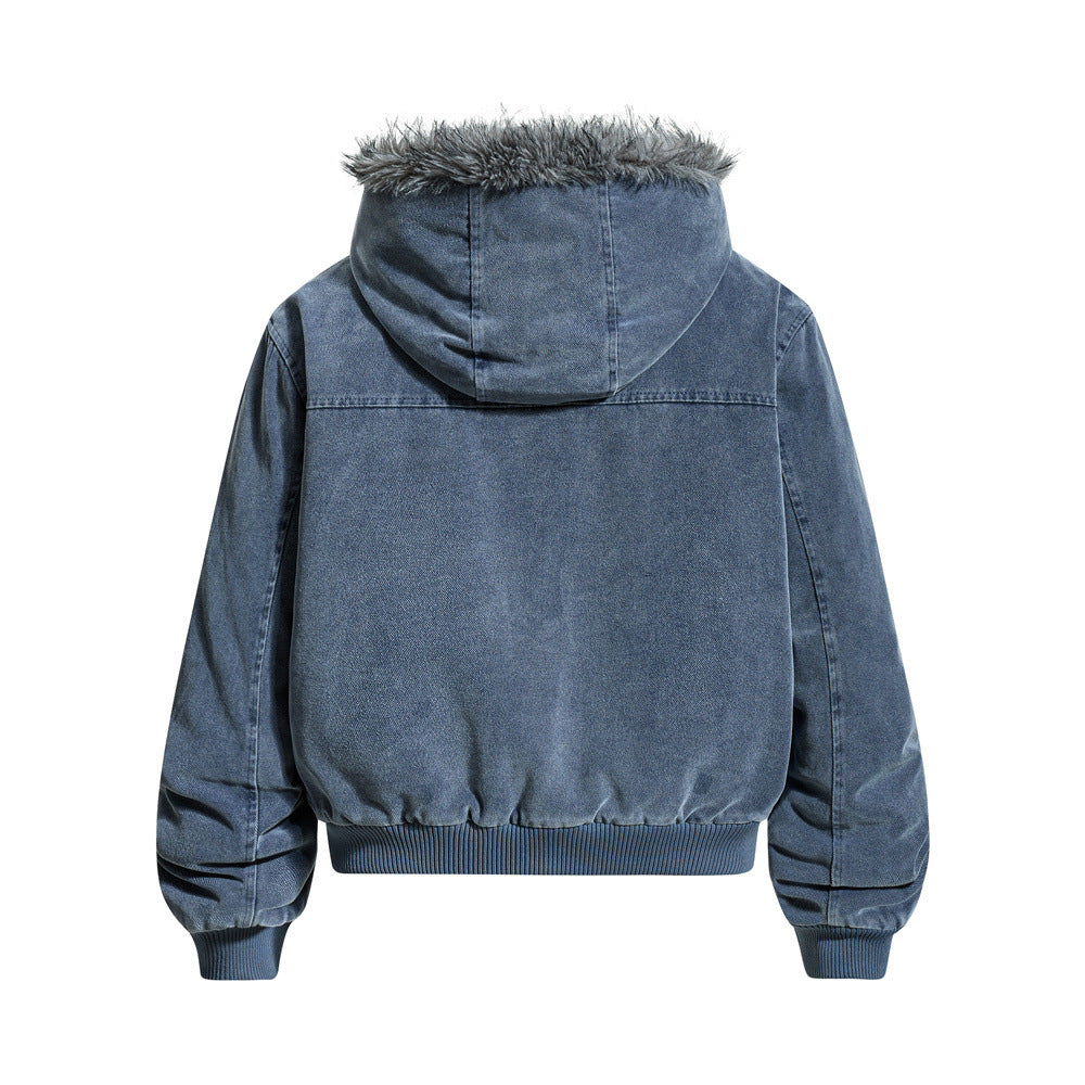 Street Style Men's Cotton Coat with Hood and Fur Collar, Patchwork Design, Loose Fit, Casual Fashion Outerwear Jacket