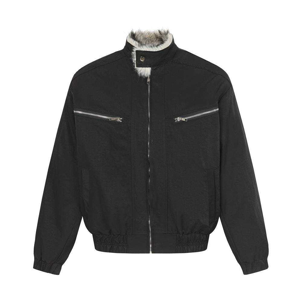 Street Style Men's Cotton Coat with Stand Collar, Patchwork Workwear Design,  Brand, Loose Fit, Versatile Outerwear Top