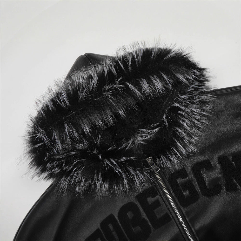 Street Style Men's Cotton Coat with Hood, Fur Collar, Letter Embroidery, Casual Loose Fit Jacket