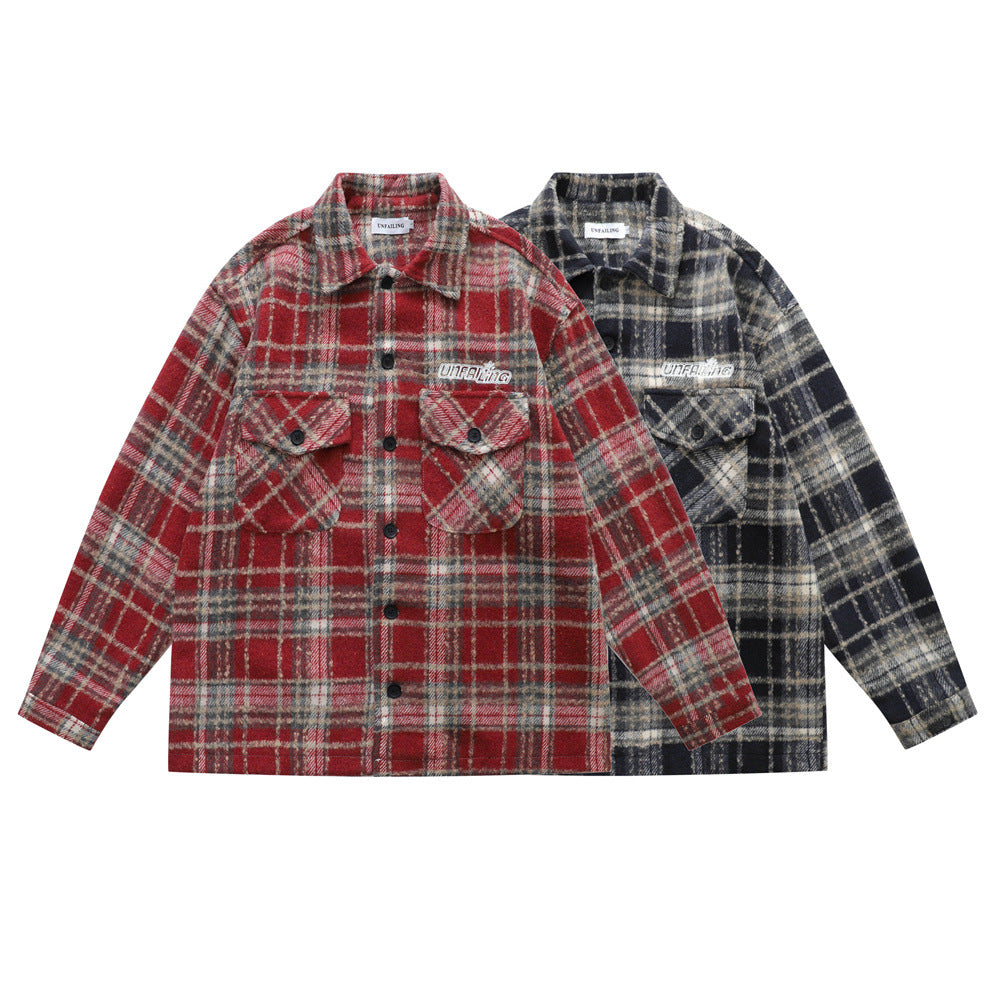 Vintage Men's Jacket with Turn-Down Collar, Plaid Pattern, Long Sleeves, Loose Fit -  and Versatile Outerwear