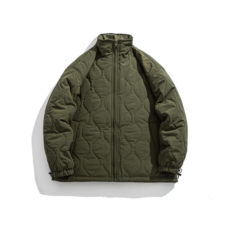 Simple Solid Color Stand Collar Diamond Pattern Fleece-Lined Cotton Coat for Men