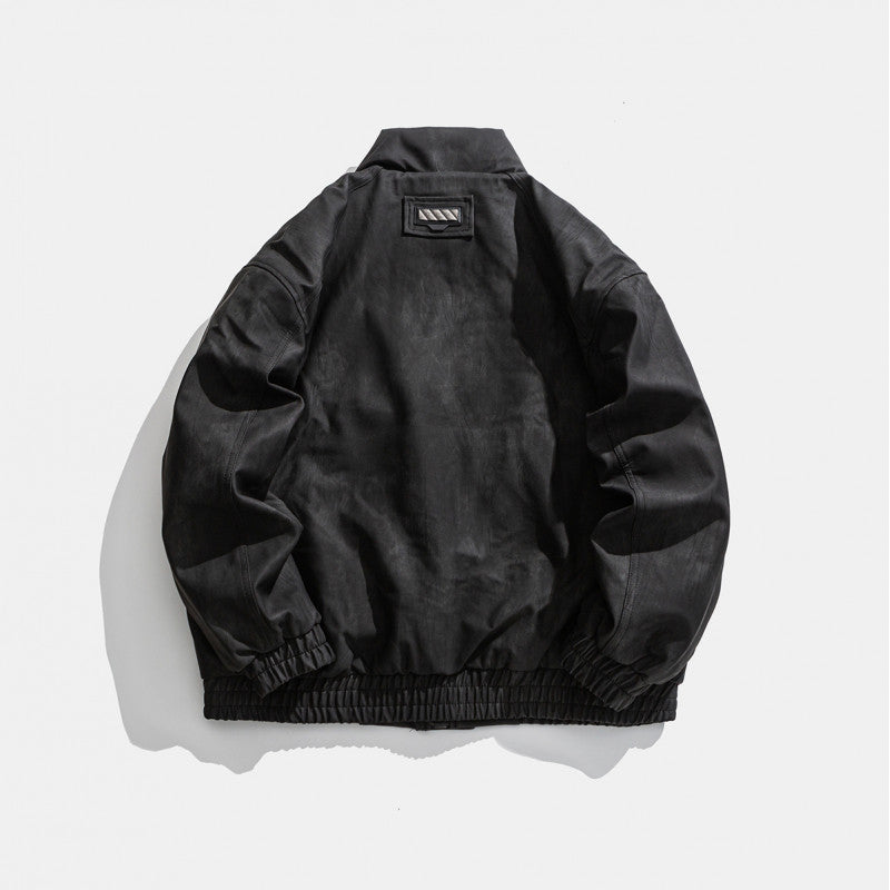 Solid Color  Leather and Down Stand Collar Workwear Style Men's Jacket