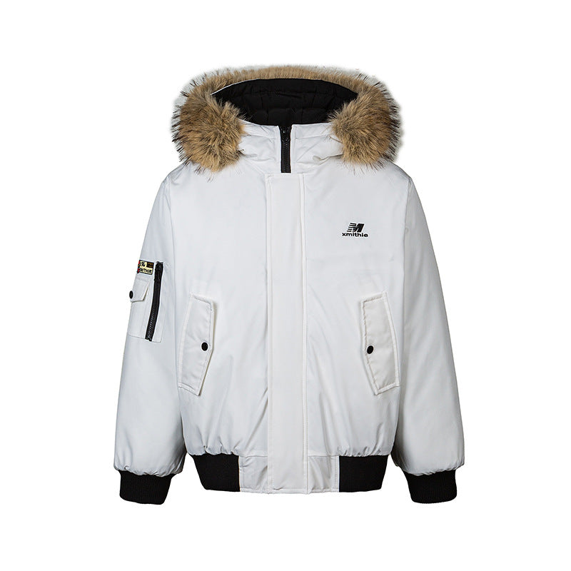 Embroidered Chest Design Long Sleeve Large Fur Collar Oversized Fit Parka